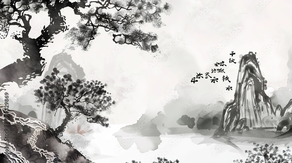 Obraz premium Jiangnan landscape natural scenery, Chinese style ink natural scenery concept illustration