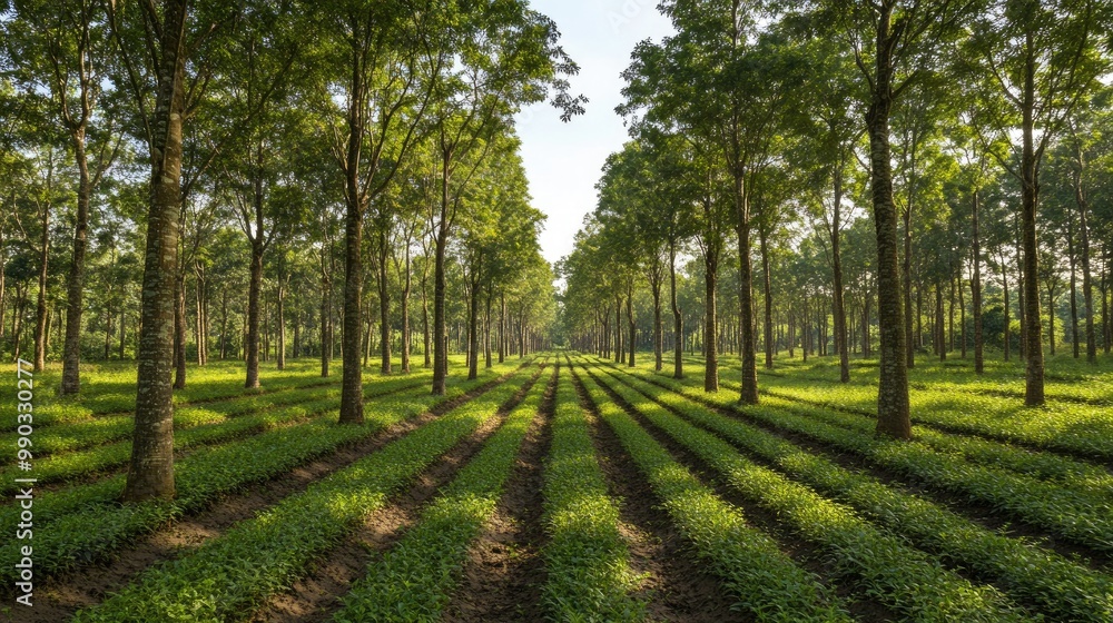 Obraz premium A wide view of a rubber tree plantation with evenly spaced rows of trees, lush green undergrowth, and a clear sky above, emphasizing the order and beauty of the landscape.