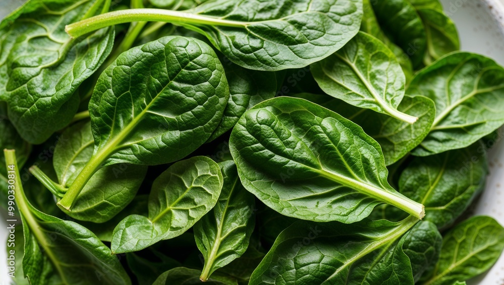 Fototapeta premium Fresh spinach leaves with crisp texture closeup