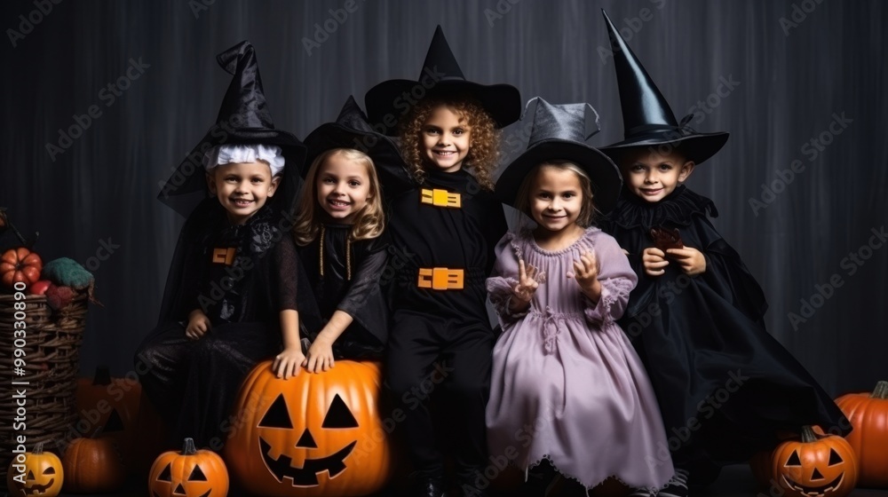 Five children, dressed in various Halloween costumes, sit joyfully with pumpkins against a dark backdrop, embodying festive spirit and fun. Five children, dressed in various Halloween costumes, sit joyfully with pumpkins against a dark backdrop, embodying festive spirit and fun.