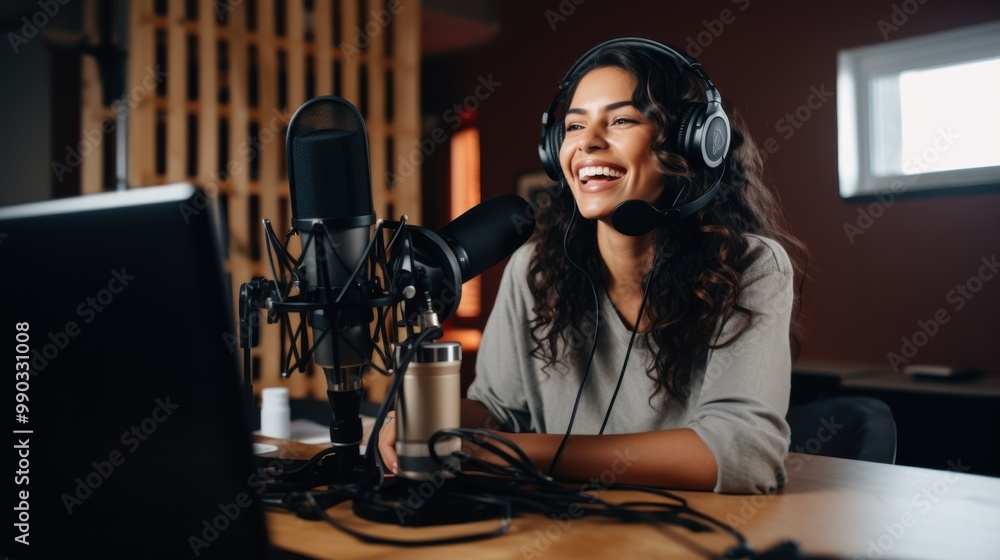 A cheerful woman, wearing headphones, records a podcast in a cozy studio, smiling broadly as she engages with her audience. A cheerful woman, wearing headphones, records a podcast in a cozy studio, smiling broadly as she engages with her audience.