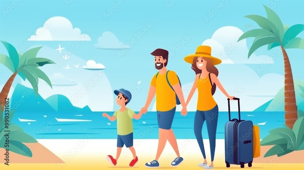 Illustrated family happily walks along a sunny beach, holding luggage and looking forward to their holiday trip, surrounded by palm trees and blue skies. Illustrated family happily walks along a sunny beach, holding luggage and looking forward to their holiday trip, surrounded by palm trees and blue skies.