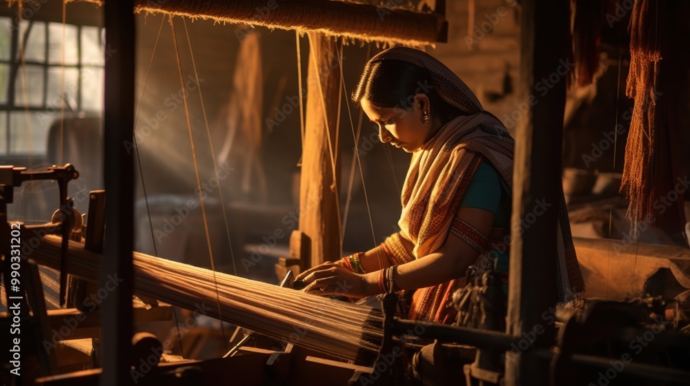 A dedicated weaver in a rustic, dimly lit workshop, focused on her craft amid the warm glow of sunlight filtering through the windows. A dedicated weaver in a rustic, dimly lit workshop, focused on her craft amid the warm glow of sunlight filtering through the windows.