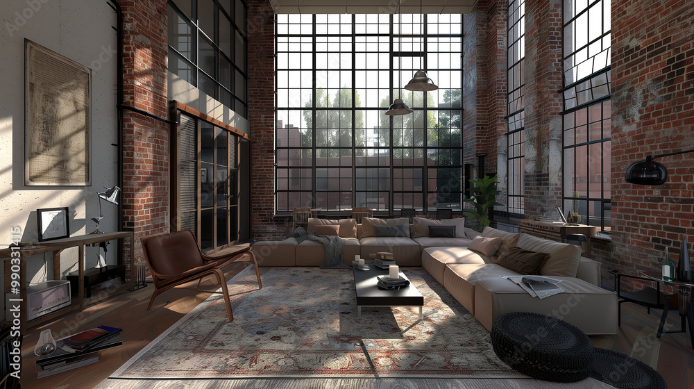 Modern industrial living room with tall, narrow windows on both sides of a brick feature wall, highlighting the urban loft aesthetic. Modern industrial living room with tall, narrow windows on both sides of a brick feature wall, highlighting the urban loft aesthetic.