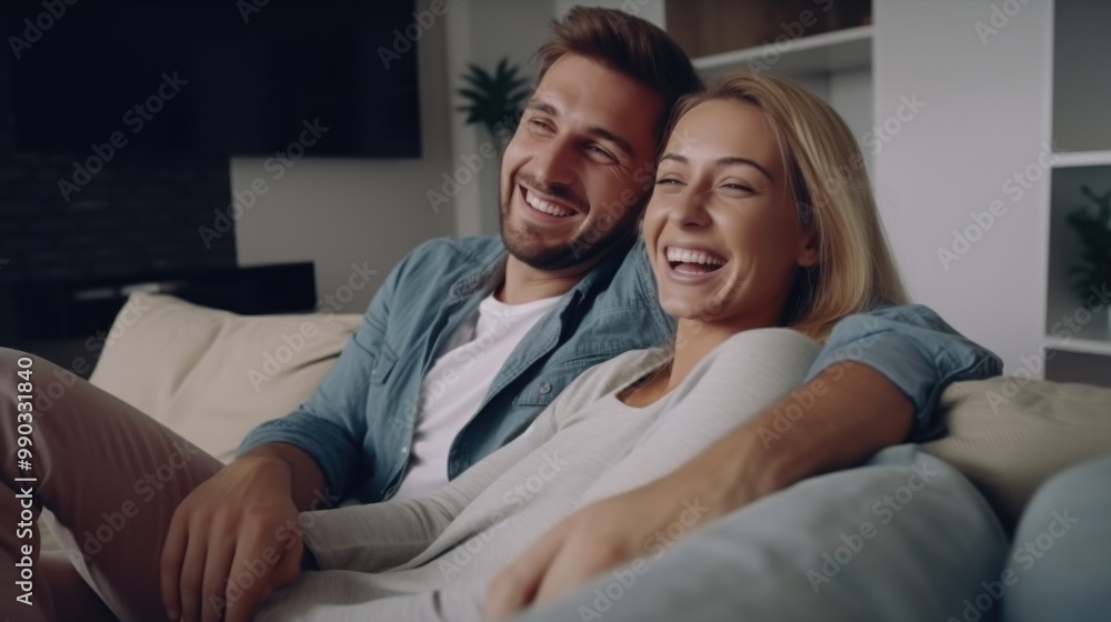 A smiling couple rests on a couch together, exuding warmth and happiness in a cozy, home setting. A smiling couple rests on a couch together, exuding warmth and happiness in a cozy, home setting.