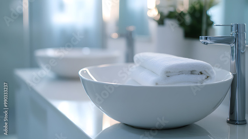 Interior of a white bathroom. Clean bathroom counter surface