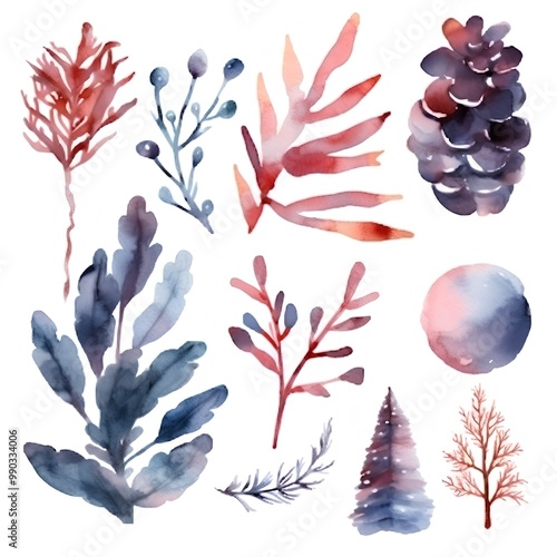 Watercolor winter set with fir branches, berries and leaves. Hand painted illustration photo