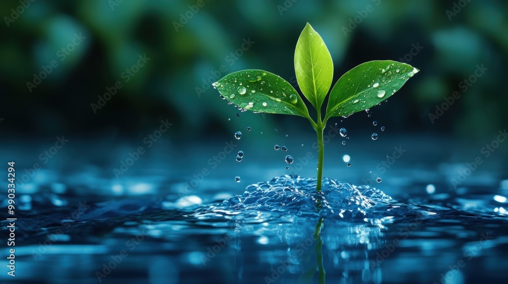 A small green plant sprouts from the water with raindrops falling around it. A small green plant sprouts from the water with raindrops falling around it.