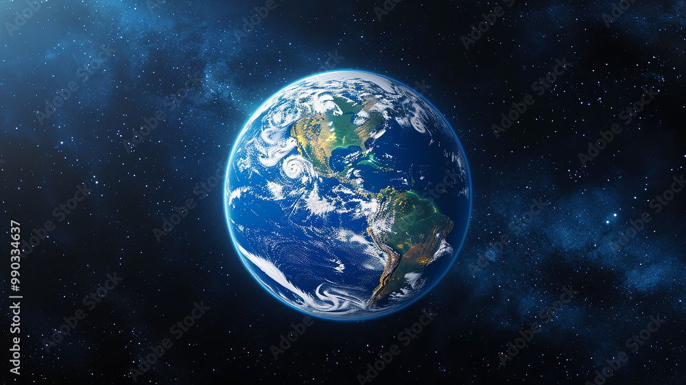 Panoramic view of the round planet from space against the background of the black sky Panoramic view of the round planet from space against the background of the black sky