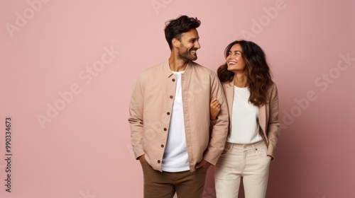 A stylish couple standing hand-in-hand against a pink background, smiling at each other with love and joy.