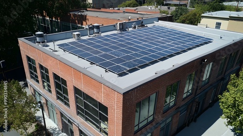 Solar panels installed on the roof of a commercial building in an eco-friendly business district