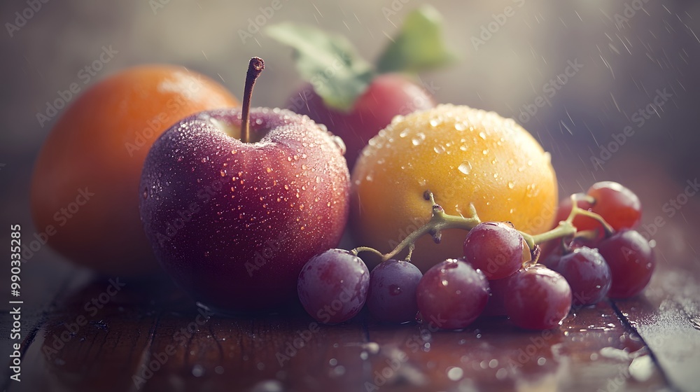 Close-up of Fresh Fruit with Raindrops on Wooden Surface Close-up of Fresh Fruit with Raindrops on Wooden Surface