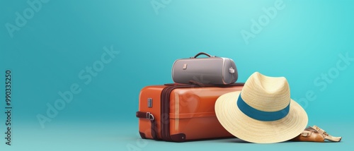 Stylish orange and gray suitcases and a wide-brimmed hat are arranged together, hinting at an upcoming vacation or travel adventure.