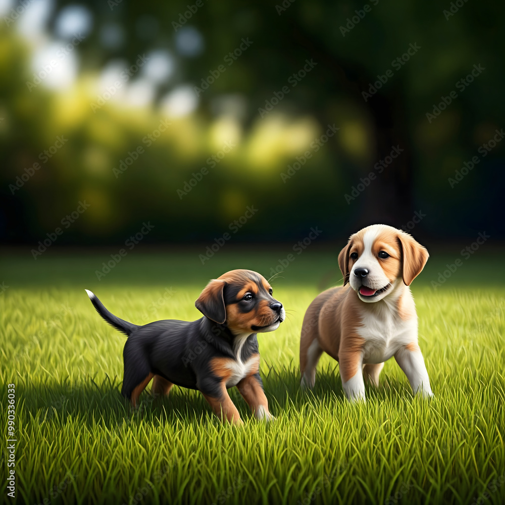 Two puppies are having fun playing on the grass. Two puppies are having fun playing on the grass.