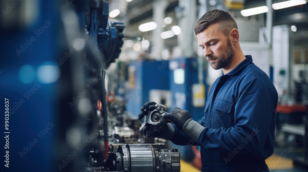 Two workers in a modern factory are deeply focused on a mechanical part, showcasing precision, teamwork, and technological advancement in an industrial setting. Two workers in a modern factory are deeply focused on a mechanical part, showcasing precision, teamwork, and technological advancement in an industrial setting.
