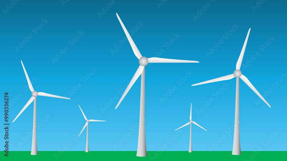 Modern windmills generate electricity from wind in open fields and sky for the renewable energy industry
