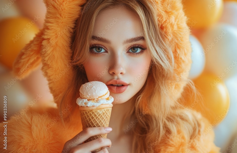 Beautiful female model in orange bunny costume eating macarons, holding ice cream cone, fun atmosphere Beautiful female model in orange bunny costume eating macarons, holding ice cream cone, fun atmosphere