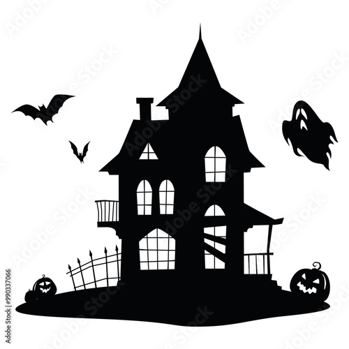 A lonely silhouette of an old house surrounded by bats, pumpkins and ghosts, conveying an atmosphere of fear and mysticism.