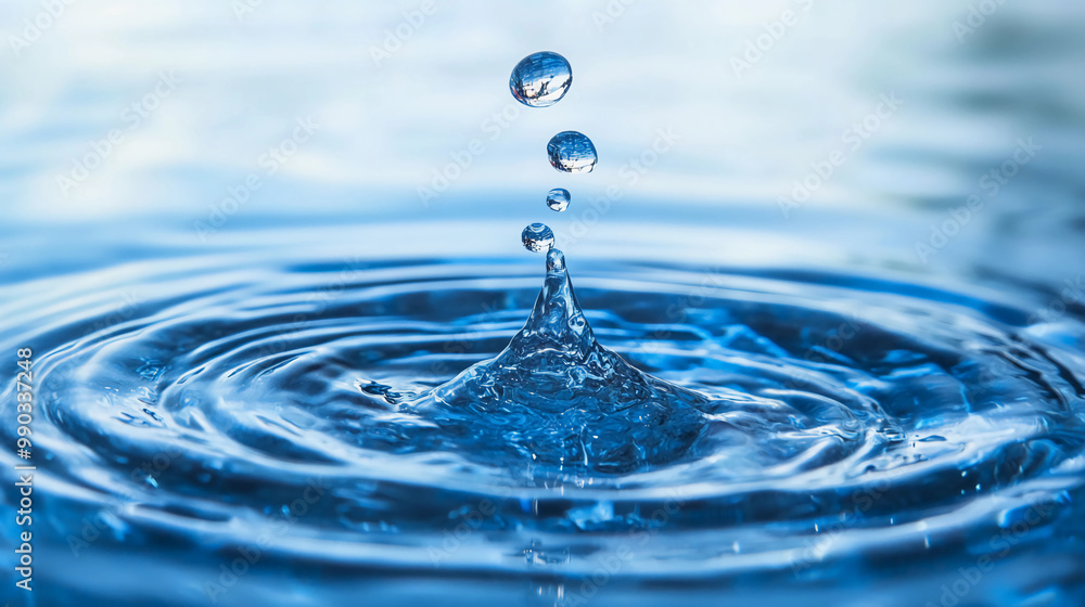 Water droplet splash, ripple effect, clean blue liquid background.
