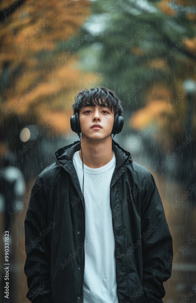 Handsome young man in black windbreaker, white T-shirt, walking outdoors with headphones on Handsome young man in black windbreaker, white T-shirt, walking outdoors with headphones on