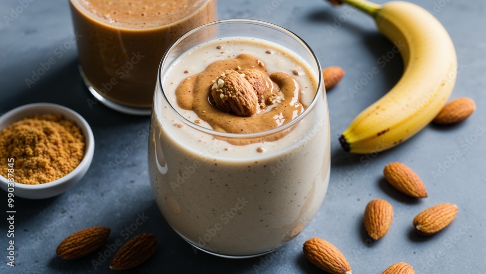 Almond butter banana protein smoothie closeup Almond butter banana protein smoothie closeup