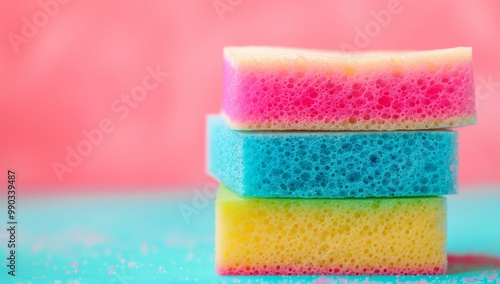 Three colorful kitchen sponges for washing dishes on the table, close-up, stock photo, with a pink and blue background, blurred background, copy space concept. photo