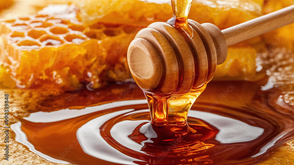 Macro shot of honey dripping from a wooden dipper with honeycomb in the background Macro shot of honey dripping from a wooden dipper with honeycomb in the background