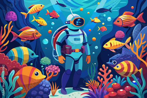 A underwater diver EDITABLE VECTOR ILLUSTRATION