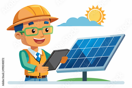 An engineer inspecting a solar panel EDITABLE VECTOR ILLUSTRATION