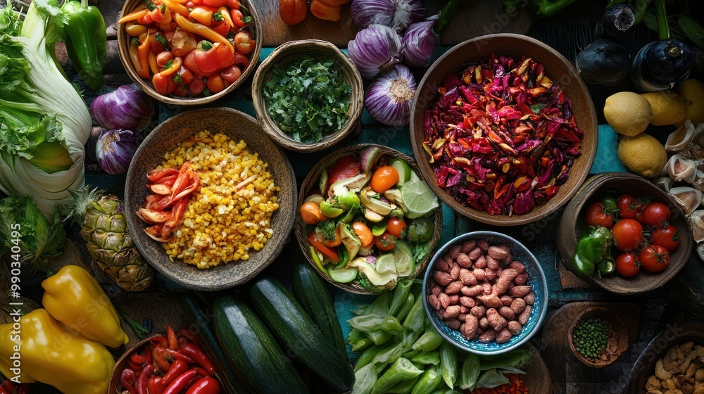 Healthy Variety of Fresh Vegetables and Nuts in Rustic Setting Healthy Variety of Fresh Vegetables and Nuts in Rustic Setting