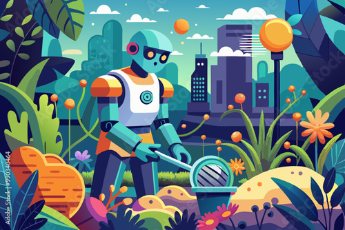 robot taking care of plants in a futuristic garden setting. EDITABLE VECTOR ILLUSTRATION