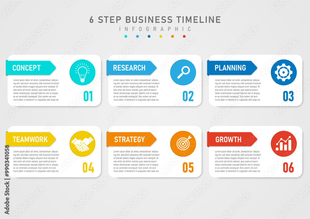 6 steps business infographic template white square letters on the left numbers on the right square top left acute angle multi colored with text in the middle The circle on the right has an icon. 6 steps business infographic template white square letters on the left numbers on the right square top left acute angle multi colored with text in the middle The circle on the right has an icon.