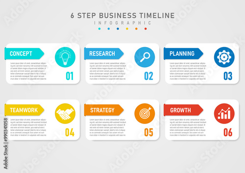 6 steps business infographic template white square letters on the left numbers on the right square top left acute angle multi colored with text in the middle The circle on the right has an icon.
