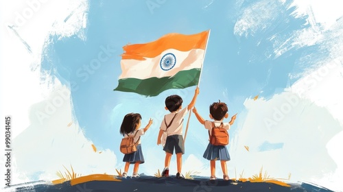 Happy Indian Children Holding National Flag