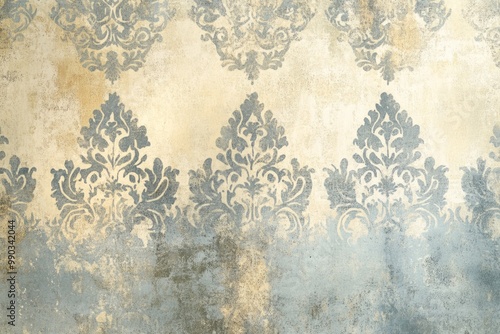 Distressed Vintage Wallpaper with Intricate Damask Patterns