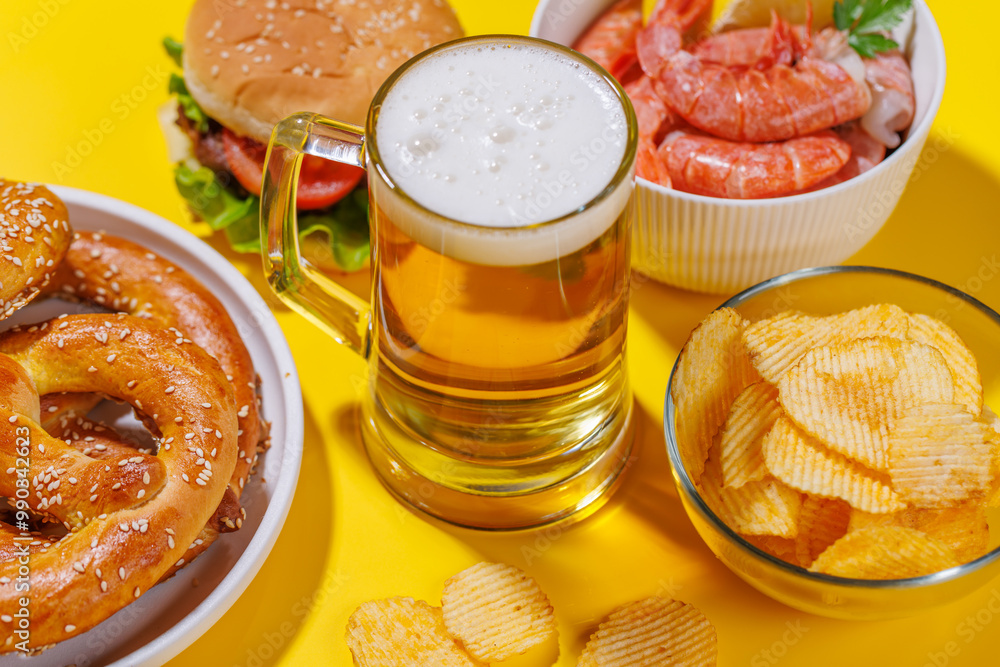 A vibrant photo showcasing a glass of beer surrounded by various snacks and fast food A vibrant photo showcasing a glass of beer surrounded by various snacks and fast food