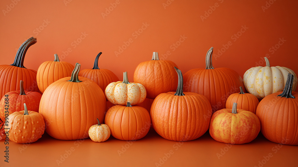 Pumpkins in various sizes and textures arranged against a vibrant orange backdrop, evoking a cheerful and cozy atmosphere, perfect for Halloween or fall-themed decoration. Pumpkins in various sizes and textures arranged against a vibrant orange backdrop, evoking a cheerful and cozy atmosphere, perfect for Halloween or fall-themed decoration.