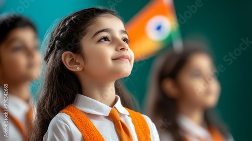 Indian School Girl in Uniform Looking Up photo