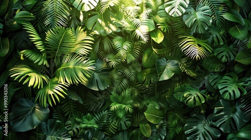 Fototapeta Naklejka Na Ścianę i Meble -  A dense wall of green leaves and ferns, The sunlight shines through the foliage, casting beautiful shadows on the ground below. A lush, vibrant jungle setting.