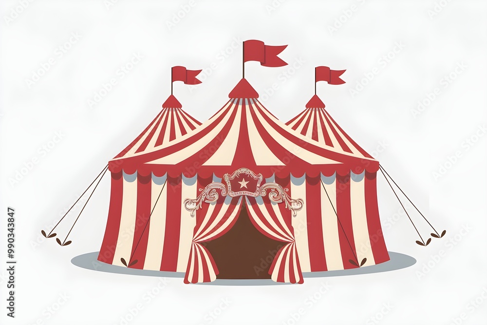 Vibrant circus tent with red and white stripes, central dome, flags, white background Vibrant circus tent with red and white stripes, central dome, flags, white background