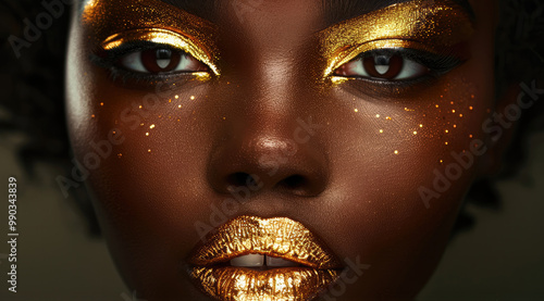 Black woman in golden makeup, golden lipstick, looking straight into the camera, black background.