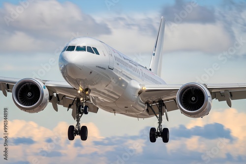 White commercial airplane mid flight, side view, twin engines, landing gear, white background photo