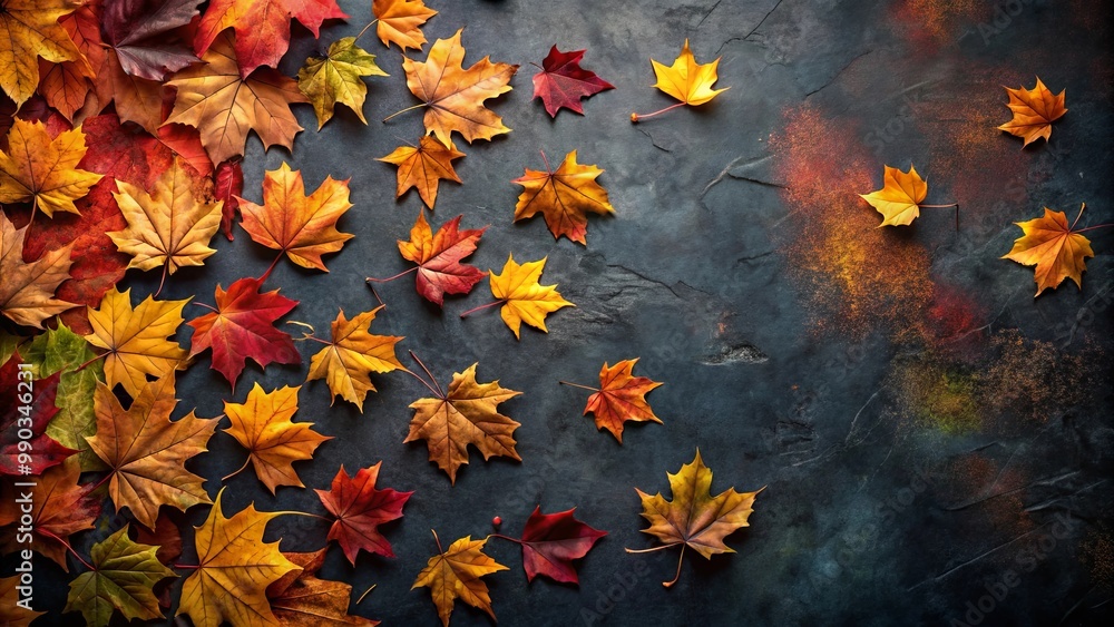 A collection of vibrant autumn leaves scattered across a dark stone background, creating a natural, rustic feel. A collection of vibrant autumn leaves scattered across a dark stone background, creating a natural, rustic feel.