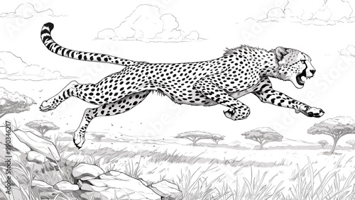 Beautiful Cheetah Running Across the Savannah Coloring Book Page Kids Graceful Illustration Dynamic African Wildlife Scene Fun Animal Drawing for Children Fast Predator Art Page photo