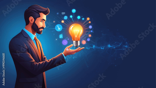Creative mind or brainstorm or creative idea concept with abstract human head silhouette and hand holding bulb lamp surrounded abstract 3d shapes and human brain in bright colors. Vector illustration