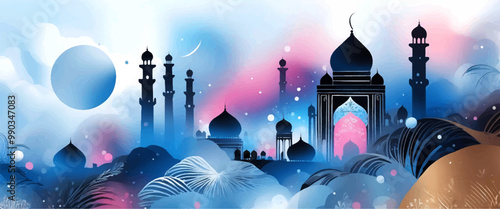 Ramadan Kareem greeting template illustration. vector Islamic background, mosque watercolor style, Muslim holy day, 
Islamic Ramadan Kareem Eid greeting card design