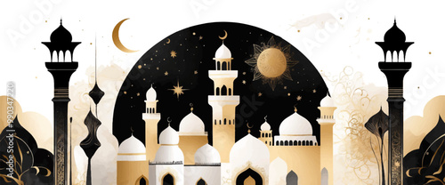 Ramadan Kareem greeting template illustration. vector Islamic background, mosque watercolor style, Muslim holy day, 
Islamic Ramadan Kareem Eid greeting card design