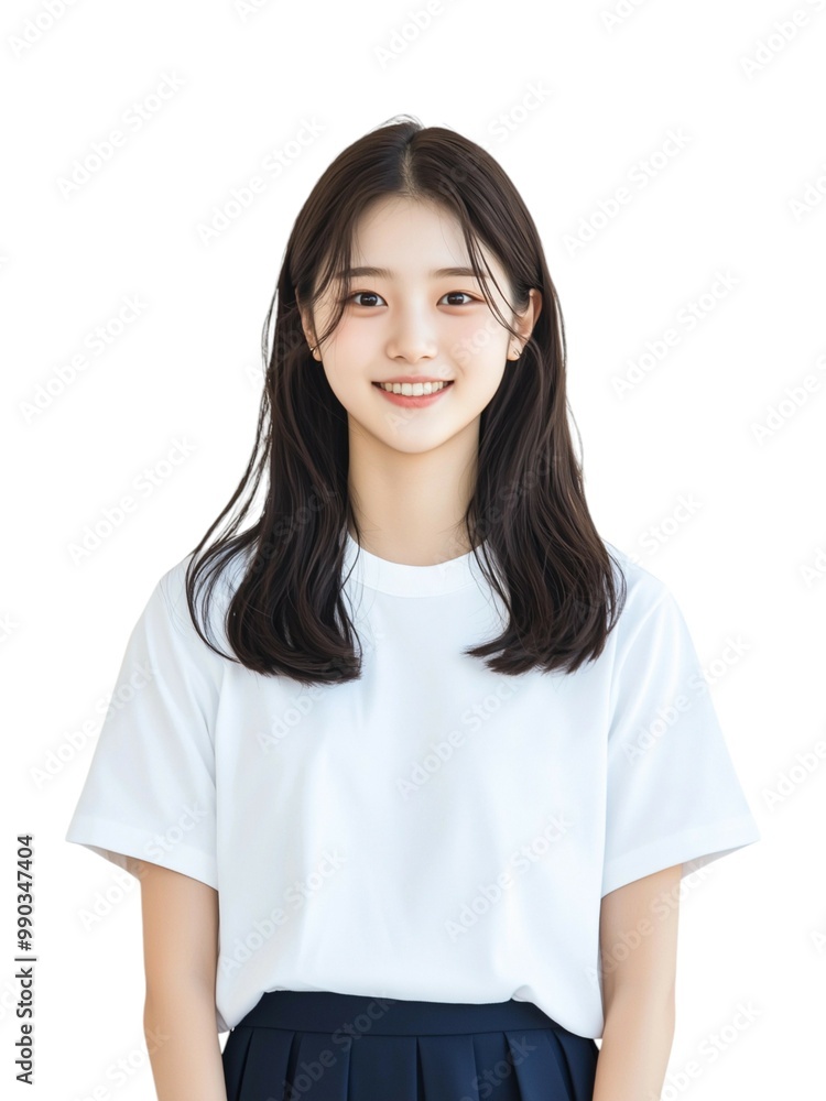 Cheerful Young Woman with Long Brown Hair in White Top Cheerful Young Woman with Long Brown Hair in White Top