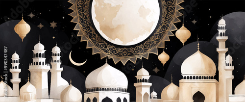 Ramadan Kareem greeting template illustration. vector Islamic background, mosque watercolor style, Muslim holy day, 
Islamic Ramadan Kareem Eid greeting card design