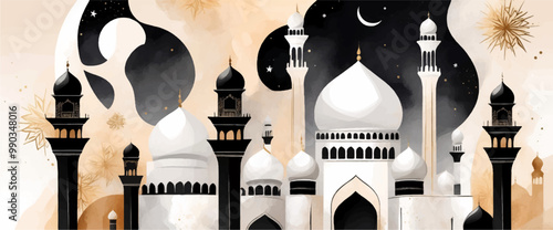 Ramadan Kareem greeting template illustration. vector Islamic background, mosque watercolor style, Muslim holy day, 
Islamic Ramadan Kareem Eid greeting card design